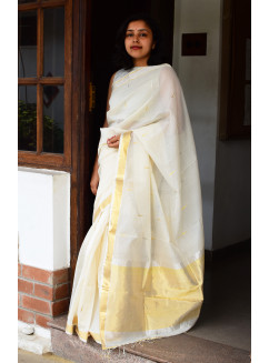 Off-White, Handwoven Organic Cotton, Textured Weave , Jacquard, Festive Wear, Jari, Butta Saree
